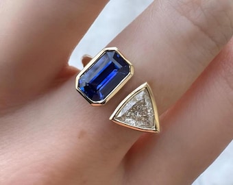 Saphir im Smaragdschliff, Trillion weißer Lünette Ring, 14K vergoldet, 2,50 - 1,20 CT