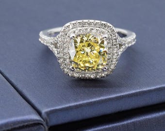 Kanariengelber Doppel-Halo-Verlobungsring im Kissenschliff, 925 Sterlingsilber, 8 mm Lab Diamant