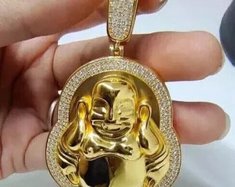 Runder geschnittener Moissanit lachender Buddha Anhänger, Hip Hop Schmuck, 14K Gelbgold überzogen