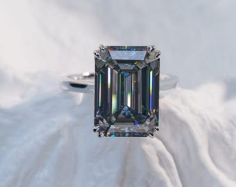 10 CT Grauer Smaragdschliff Solitärring, 925 Sterlingsilber, Versteckter Heiligenschein, 14 x 10 mm