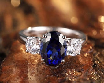 Blauer Saphir Verlobungsring: 925 Silber, Ovalschliff, Dreistein, 9 x 7 MM, Hochzeitsgeschenk