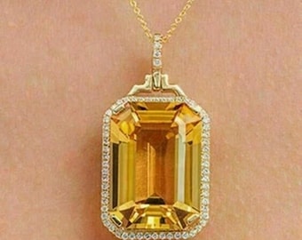 Gelber Citrin Halo Anhänger: 4 CT Smaragdschliff, 14K Gelbgold vergoldet, Anhänger für Geschenk