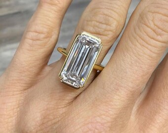 Verlobungsring im Smaragdschliff, 12 Karat farbloser Moissanit, 14K Gold überzogen, 14.5 x 9 MM