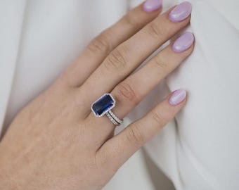 Smaragd Cut Lab Saphir Verlobungsring Set: 925 Sterling Silber Halo, 13 x 8 MM