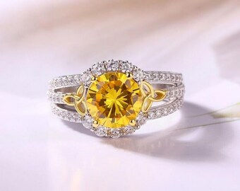 Goldgelber runder Halo-Hochzeitsring, 925 Sterlingsilber, 8 MM, Verlobungsring