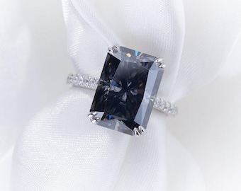 10 KT Grauer Solitärring im strahlenden Schliff, 925 Sterlingsilber, Versteckter Heiligenschein, 14 x 10 MM