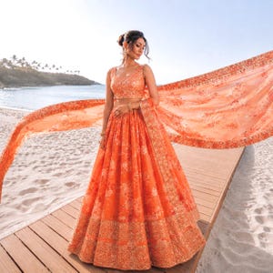 Floral Tangy Orange Lehenga Choli Set for Women, Indian Wedding Lehenga with sequence work Bridal Party Outfit, Designer Sangeet Lehenga