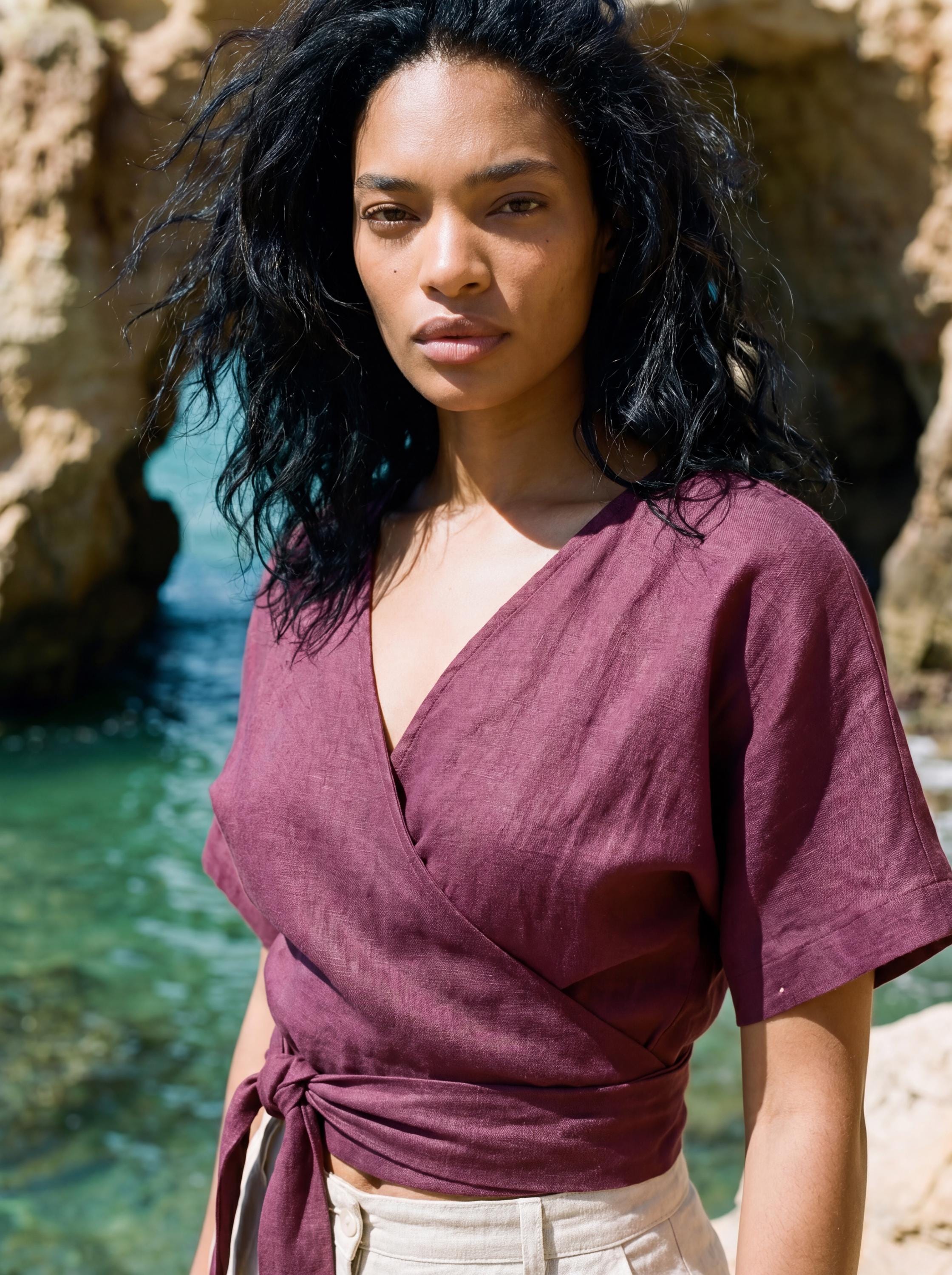 Linen Wrap Top Short Sleeve - Etsy
