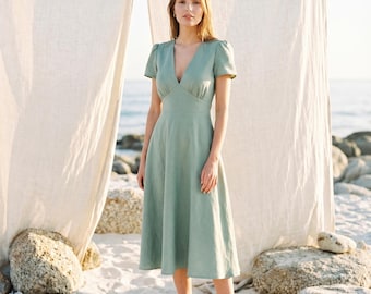 Aria 100% Washed Linen Midi Dress, V-Neck Puff Sleeve A-Line Dress