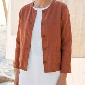100% Washed Linen Collarless Jacket, Boxy Minimalist Blazer, Inclusive Sizing XS-7XL