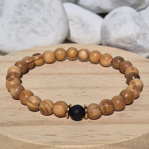 Olivenholz Armband mit Lavastein | 18K Vergoldet | Meditations-Schmuck | Diffuser Armband  | Yoga Geschenk Damen | Minimalistisch 17cm