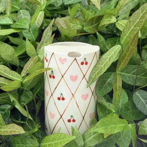 Handmade Custom Ceramic Travel Mug,Hand Painted Cherry Heart Argyle Pattern Coffee Cup,Handcrafted Pottery Drinkware,Unique Gift for Her
