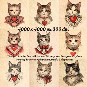 May include: Watercolor illustrations of vintage Victorian cats. Each cat is depicted with a unique collar or neckpiece, some featuring heart-shaped pendants or bows. The image includes the text "4000 x 4000 px 300 dpi" and "Vintage Victorian Cats with textured & transparent backgrounds, plus a range of distressed backgrounds, motifs, & tile patterns."