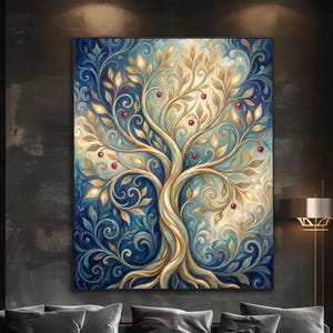 May include: Large canvas art featuring a stylized tree with a golden trunk and branches. The leaves are gold, and small red berries dot the branches. The background is a blend of blue and cream colors, creating a serene and elegant aesthetic.