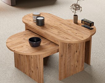 Nesting Coffee Table Set of 2, Pine Wood Side Table, Living Room Furniture