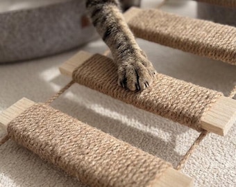 Wood Cat Ladder Wall Bridge – Natural Jute Climbing Furniture, Cat Lover Gift