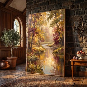 Könnte beinhalten: Ein großes, rechteckiges gerahmtes Ölgemälde, das eine Waldlandschaft mit einem gewundenen Fluss darstellt. Das Kunstwerk zeigt dicke, strukturierte Pinselstriche in Goldgelb, leuchtendem Orange und Dunkelrot, die das Herbstlaub im Wasser spiegeln.
