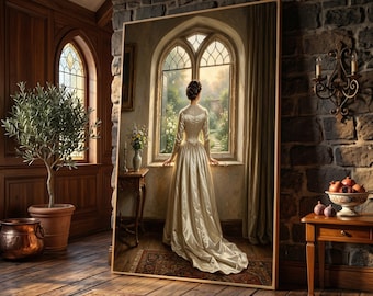 Elegant Victorian Woman at Window Canvas, Vintage Home Decor, Classic Garden View Wall Art, Romantic Interior Decoration, Ready to Hang
