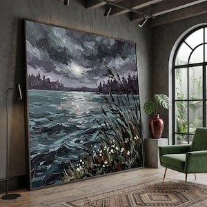 Moody Lakeside Scene Canvas, Moonlit Water Landscape, Dark Forest Wall Art, Dramatic Sky Painting, Nature Canvas Decor, Home Wall Decoration