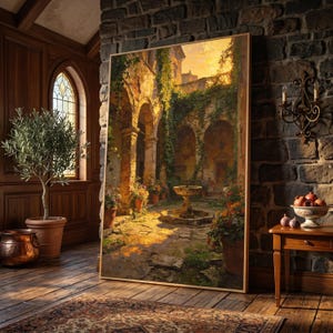 Mediterranean Courtyard Sunset Canvas, Rustic Archway Wall Art, Ivy and Flower Pots Decoration, Vintage Garden Canvas, Warm Light Home Decor