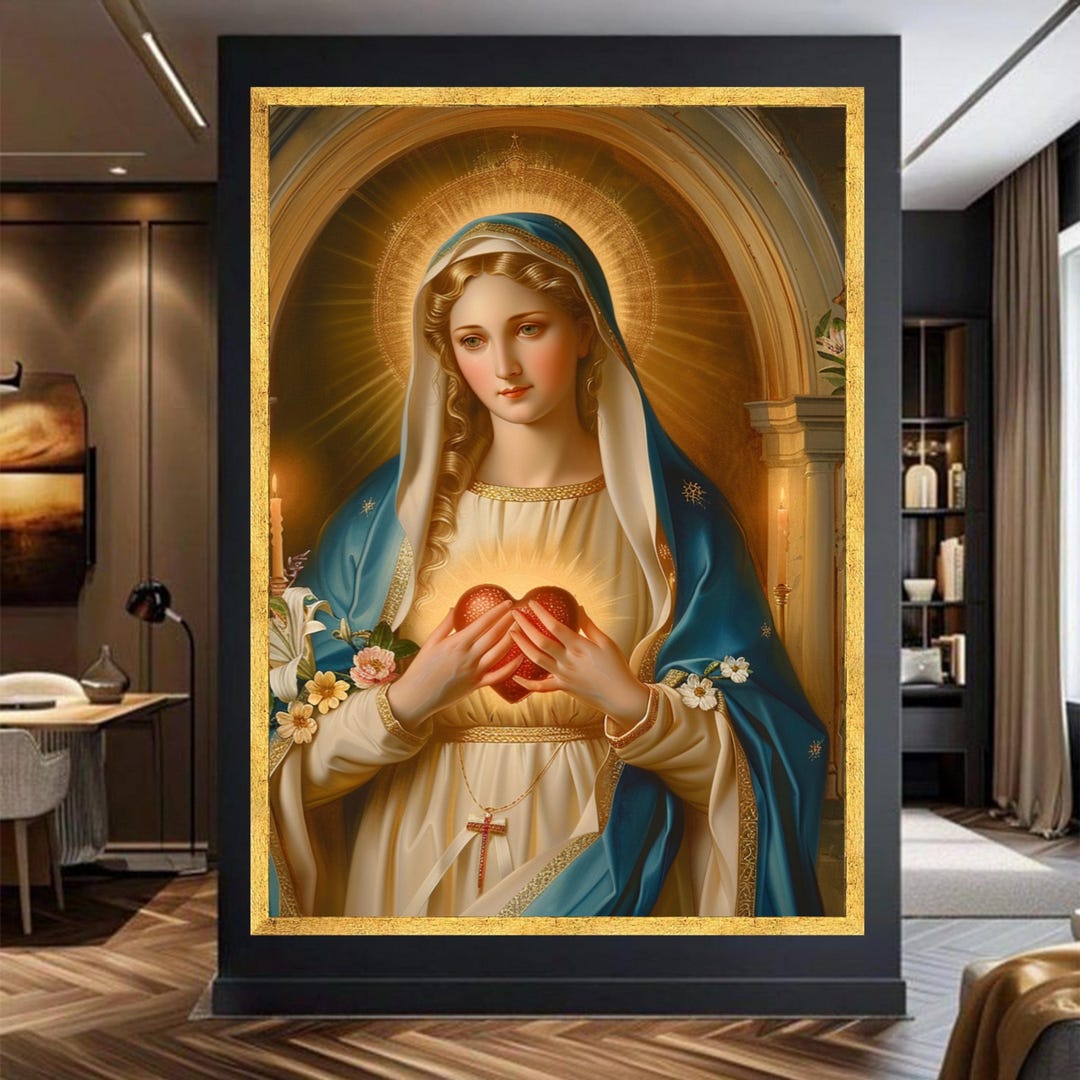 Sacred Heart Virgin Mary Canvas, Blue Robe Icon, Religious Catholic ...