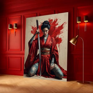Fierce Samurai Woman Canvas, Red Kimono Wall Art, Tattoo Art Print, Japanese Warrior Canvas, Bold Home Decoration, Ready to Hang