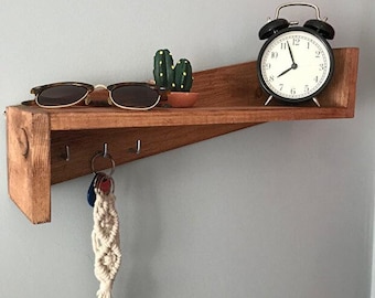 Handmade Walnut Wood Key Holder Shelf, Scandinavian Wall Organizer, Entryway Decor Gift