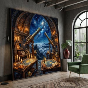 May include: A large rectangular wall art print depicting an observatory interior with two brass telescopes pointed towards a starry night sky, wooden desks with open books, celestial maps, and numerous lit candles set against a stone archway.