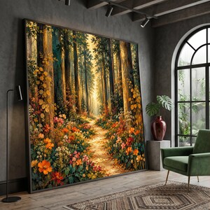 May include: A large rectangular wall art piece featuring a forest path surrounded by vibrant orange, red, and yellow wildflowers. The painting depicts tall tree trunks and a sunlit trail, framed in a thin black border, displayed in a room.