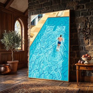 Modern canvastavla med poolmotiv, simmare i blått vatten, canvas med sommarkänsla, uppfriskande heminredning, modern inspirerad av David Hockney