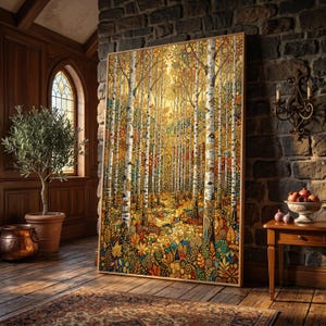 May include: A large rectangular wall art piece featuring a vertical forest scene with white birch trees and a dense, colorful mosaic-style floor of autumn leaves in shades of gold, orange, red, and teal, framed in a simple light-colored wood border.
