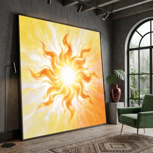 Peut inclure: Une grande œuvre d'art murale carrée représentant une illustration de soleil vibrante avec des flammes orange et jaunes tourbillonnantes rayonnant depuis un centre blanc brillant, dans un cadre noir fin, exposée sur un mur sombre.