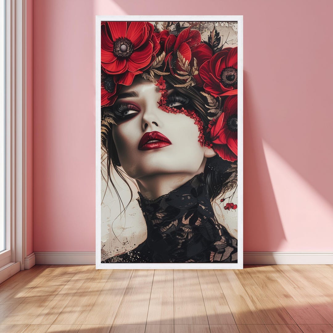Elegant Lady Red Gold Floral Canvas Print, Luxury Portrait Wall Art ...