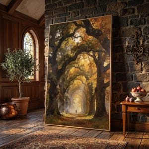 May include: A large rectangular framed wall art piece depicting a path through a dense forest with golden autumn leaves and a lone figure in the distance. The painting features dark tree trunks and a bright, hazy light filtering through the canopy.