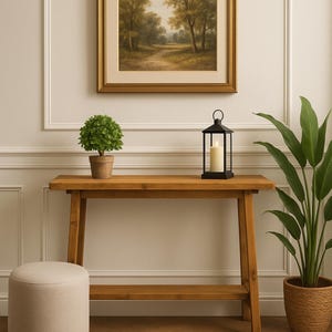 May include: A wooden console table with a framed landscape painting, a potted plant, and a black lantern with a lit candle. A small, round, beige ottoman sits on the left. A large potted plant is on the right.