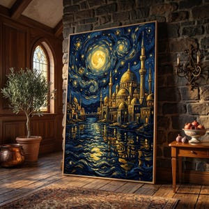 Starry Night Mosque Canvas, Islamic Architecture Wall Art, Night Sky Reflection, Middle Eastern City Canvas, Vibrant Blue and Gold Home