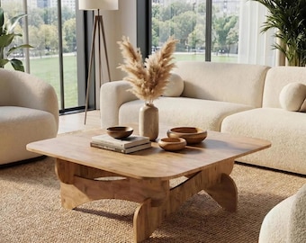 Geometric Wood Coffee Table, Rustic Pine Living Room Table, Unique Sofa Center Table