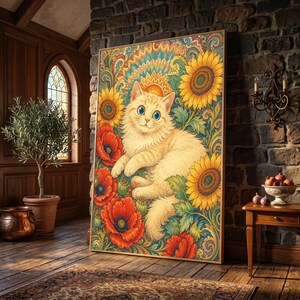 Puede incluir: Una impresión de arte mural rectangular que muestra un gato esponjoso de color crema con grandes ojos azules, rodeado de vibrantes girasoles amarillos y amapolas rojas. El fondo presenta intrincados patrones de remolinos en tonos azules y dorados.
