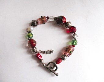 Vintage Sterling Beaded Bracelet 8" Red Silver Green
