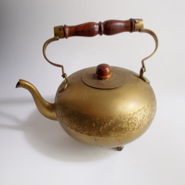 Vintage Teapot Small Etched Brass Wood Handle Made in India