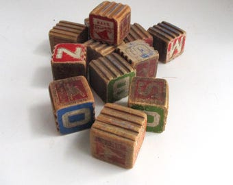 Vintage Wood Blocks Interlocking Set of 12 Alphabet Animal