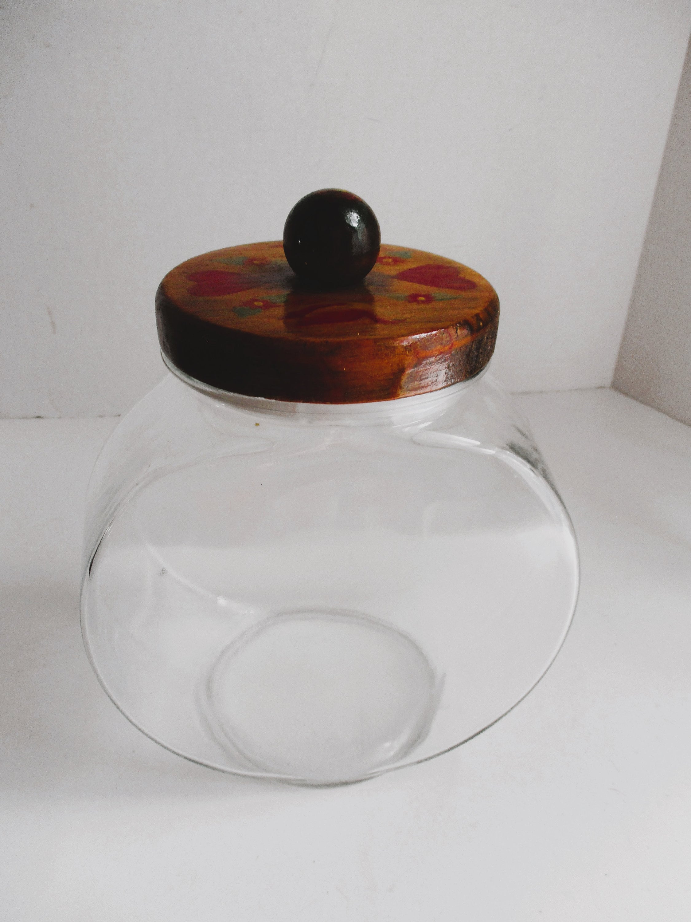 Vintage Glass Candy Jar General Store Hearts Birds Wood Lid Cookie