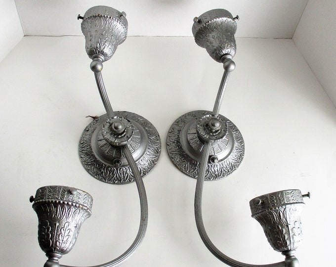 Vintage Brass Wall Sconce Pair Ornate Silver Finish Art Deco Electrical