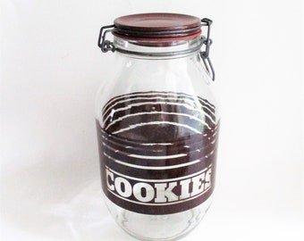 Vintage Cookie Jar Clear Glass Brown Stripes Large Mason 3 Liters