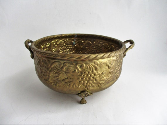 Antique Brass Cauldron with Feet and Handles Footed Brass Pot Filigree Design Vintage Gold Metal Planter Pot Footed Bowl Decor