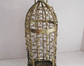 Vintage Bird Cage Candleholder Metal Brass Domed Wired Beads