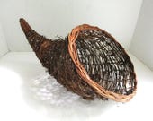 Vintage Cornucopia Grapevine Twig Basket Brown Fall Autumn Thanksgiving Table Centerpiece Wall Hanging