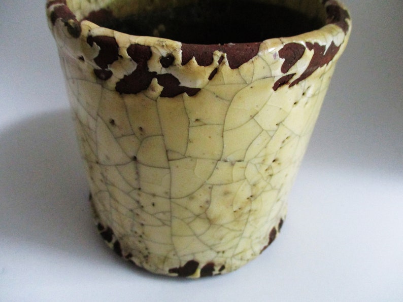 May include: A small, cream-coloured ceramic planter with a brown rim. The planter has a crackled glaze and a rustic look.