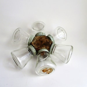 Antique Spice Herb Rack Herbrieties Saw Mill 6 Glass Jars Revolving Wall Mount