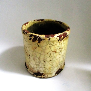 May include: A small, cylindrical ceramic planter with a crackled glaze in shades of yellow and brown.
